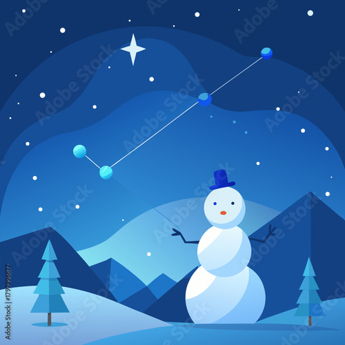 Charming snowman gazes up at a starry night sky and constellation
