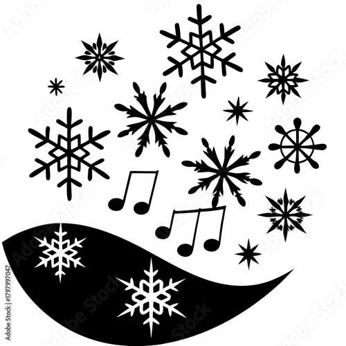Winter melodies a collection of snowflakes and musical notes in silhouette
