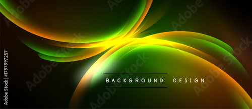 Abstract flowing shapes, vibrant green, yellow hues. Dark background creates dramatic visual effect. Modern design element.