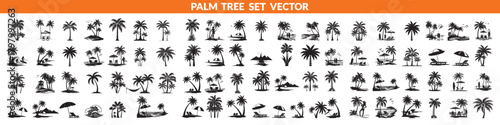 Black palm tree set vector illustration isolated on white background silhouette art black white stock illustration logo icon png. tropical, beach, landscape, pattern, paradise, coconut background  set