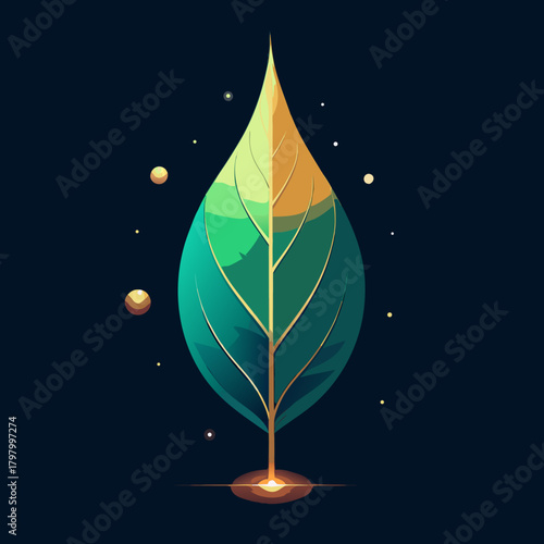 Abstract stylized leaf with golden veins on a dark background with glowing orbs
