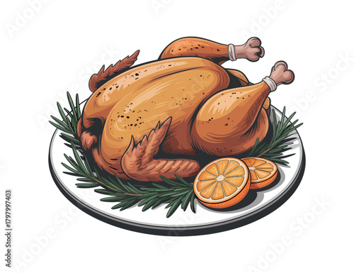 Roasted turkey with rosemary and oranges on plate