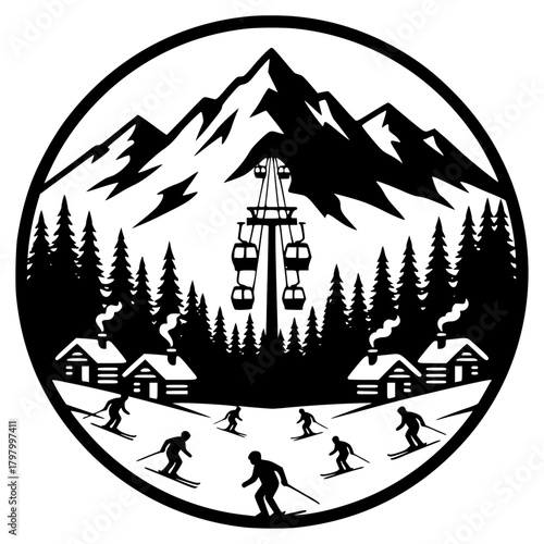 ski resort mountain landscape.skiing in the mountains .circle logo .black and white winter sports emblem.
