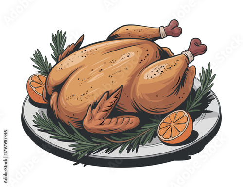 Roasted turkey on platter with garnish