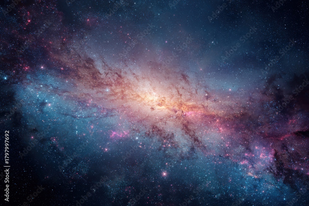 Fototapeta premium Vibrant cosmic space filled with bright stars and galaxies, featuring luminous clouds of warm tones, evoking depth and movement against a dark, endless backdrop of twinkling celestial wonders