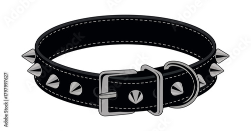 Spiked black leather dog collar on background