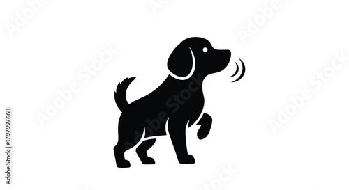 A simple black silhouette illustration of a beagle dog barking
