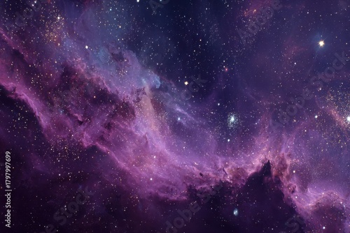 Captivating cosmic scene featuring brilliant stars amidst vibrant gas and dust clouds in shades of purple and blue, evoking depth and the mysterious beauty of the universe