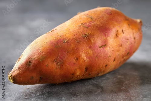 Sweet potato close-up on grey background showcasing smooth, light-brown skin with subtle speckles and fine hair, perfect for food blogs and culinary projects in health and nutrition