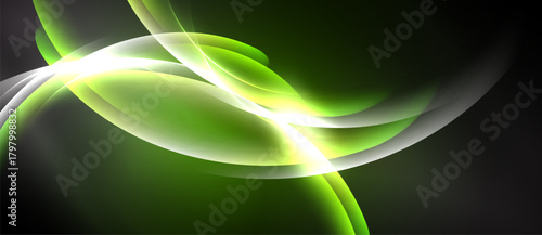 Abstract swirls, vibrant green hues, bright light streaks. Dynamic composition creates flowing energy, modern aesthetic.