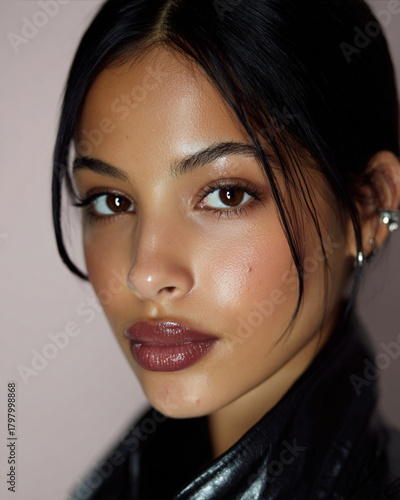 Minimal Portrait of Young Latina Woman in Black Leather Jacket with Glossy Lips on Soft Pink Background