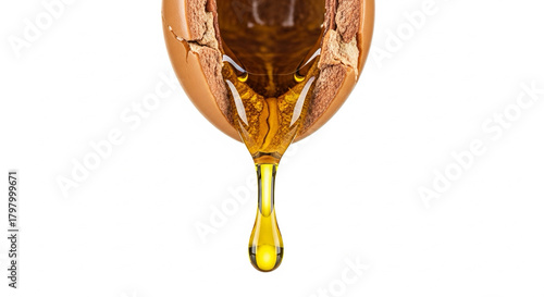 argan oil dripping from cracked argan nut, macro shot, clean white background