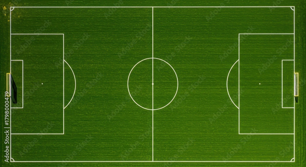 Obraz premium Expansive aerial view of a vibrant green sports field featuring precise white painted boundary lines and prominent yellow goalposts ready for a match, preparation, vibrant, championship