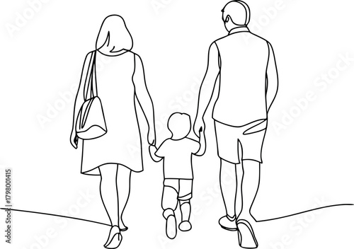 Family walking away holding hands minimalistic outline