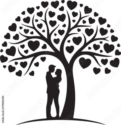 Romantic Couple Under Tree of Love Icon - Black and White Silhouette for Valentine's Day