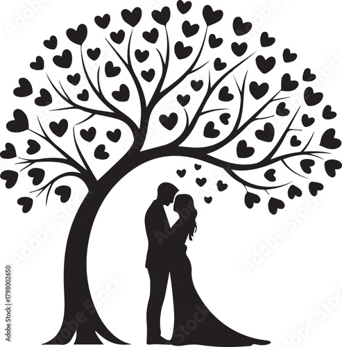 Wedding Tree Design with Man and Woman Silhouette - Marriage and Commitment Logo or Icon