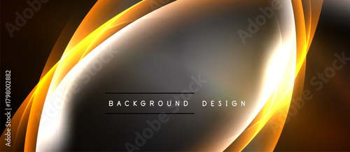Abstract design features flowing orange curves, bright center, dark background. Modern aesthetic, suitable for banners, presentations.
