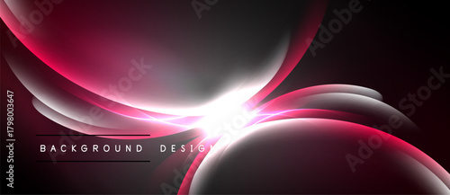 Dark background features flowing curves, vibrant pinks, silver highlights. Modern design evokes energy, movement, sleekness. Minimalist aesthetic.