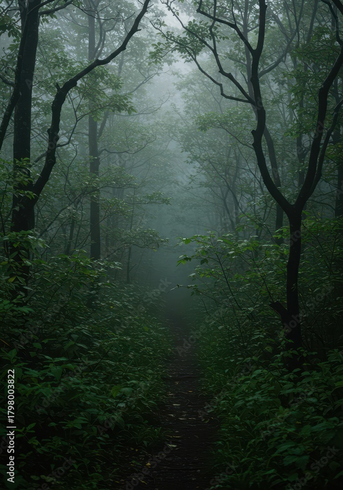 Obraz premium Close-up view of lush, damp forest texture shrouded in thick, atmospheric fog, conveying a deep, mysterious intimacy ,dark ,environment ,mood