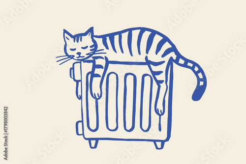 Cat on radiator naive hand drawn sketch vector illustration