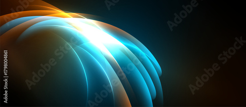 Abstract light streaks form curved shapes. Bright glow emanates from center, blending orange, blue hues against dark background. Dynamic, modern design.