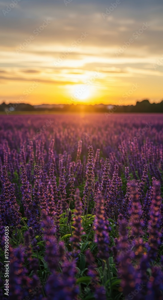 Obraz premium A stunning wide angle panoramic view showing endless rows of deep purple salvia flowers softly blurring against the bright golden summer sky ,beautiful ,flowers ,floral