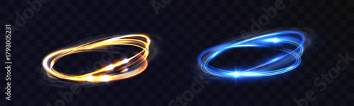 Bright energy light rings with glowing swirling vortex trails in warm golden and cool blue colors, creating dynamic circular motion effects.
