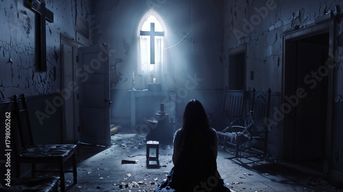 Possessed woman kneeling before glowing cross in derelict church during exorcism ritual with supernatural ethereal light and demonic presence