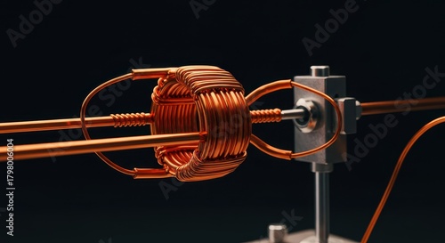 Close-up view of a complex copper wire coil setup demonstrating electromagnetic induction and energy transfer in a physics laboratory environment, abstract, generation, experiment