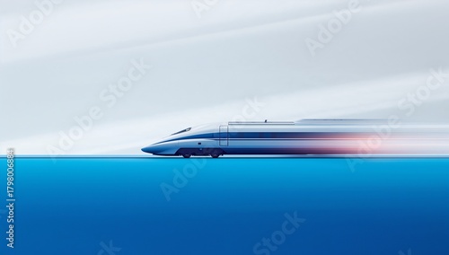 Sleek White High-Speed Bullet Train with Dynamic Motion Blur Zooming Across a Vibrant Blue and White Minimalist Horizon