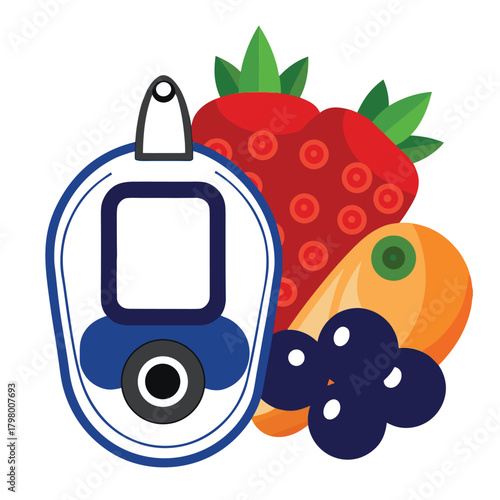 A blood glucose meter with fresh fruits, a healthy lifestyle for diabetes management, a symbol of wellness and balanced diet