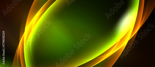 Abstract design features flowing curves, vibrant colors. Green dominates center, framed by orange, brown hues. Smooth gradients create dynamic visual effect.