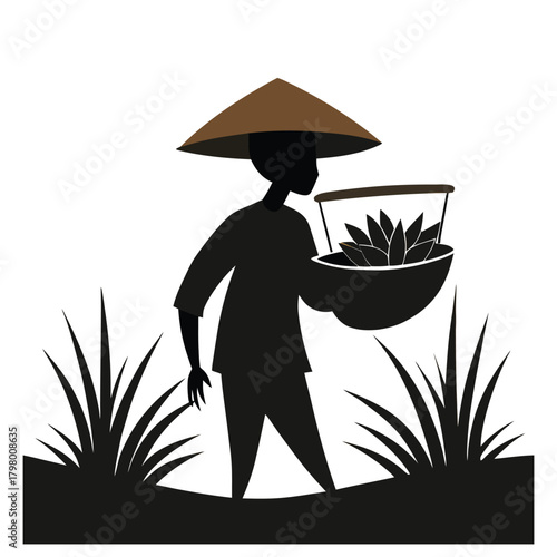 A silhouette of a tea picker, adorned with a traditional asian conical hat, gracefully gathers tea leaves amidst a verdant field, a serene scene