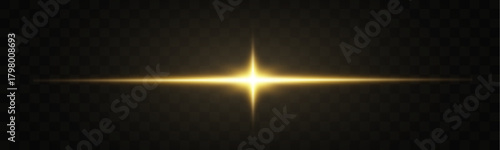 Golden light flare burst with horizontal glowing beam, bright star flash effect, radiant sparkle highlight on transparent background.
