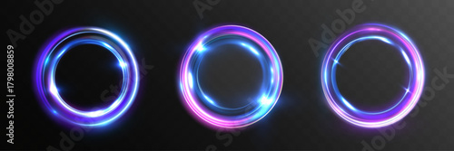 Glowing light vortex ring with neon purple and blue swirl, luminous circular motion and energy halo.