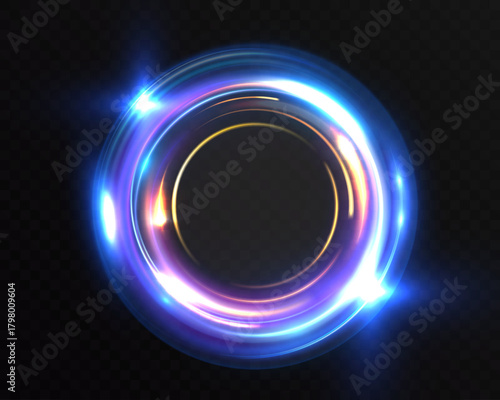 Glowing light energy ring portal with bright blue and pink luminous streaks and radiant circular shine.
