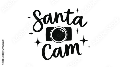 Whimsical santa cam silhouette with sparkling stars and a vintage camera graphic for christmas and holiday season marketing