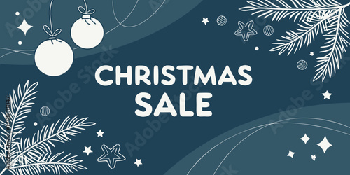 Flat vector Christmas sale banner with white fir branches, stars and baubles on dark blue abstract background