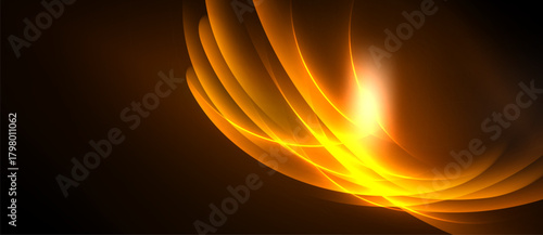 Abstract golden light curves radiate from bright center. Dark background emphasizes glowing energy, creating dynamic visual effect.