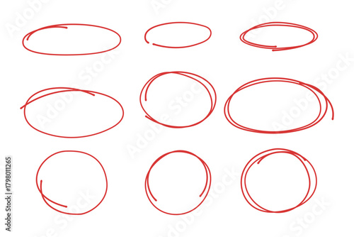 Title: Set of Hand Drawn Red Circle and Oval Highlighter Scribbles for Emphasis and Marking on Transparent Background