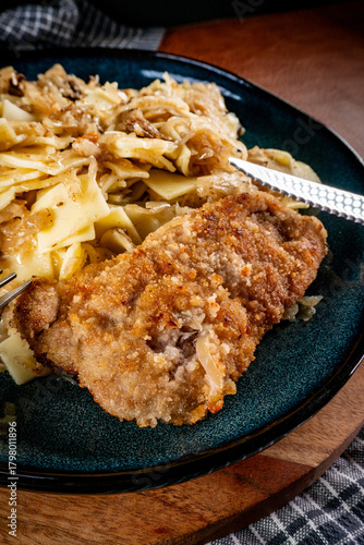Pasta with sauerkraut and mushrooms.