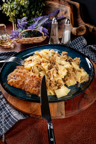 Pasta with sauerkraut and mushrooms.