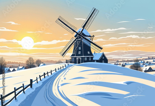Snowy windmill on hill, traditional Dutch-style, frozen blades, white landscape, soft winter sun. Doodle style illustration.