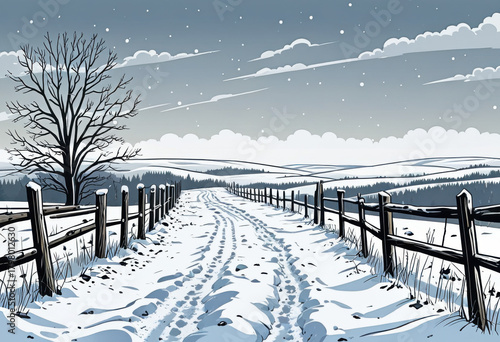 Winter fence line with animal tracks, wooden posts with snow. Doodle style illustration.