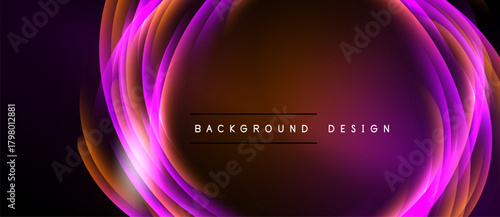 Abstract layers create vibrant, glowing effect. Purple, orange hues blend seamlessly. Text reads background design. Modern, dynamic visual.