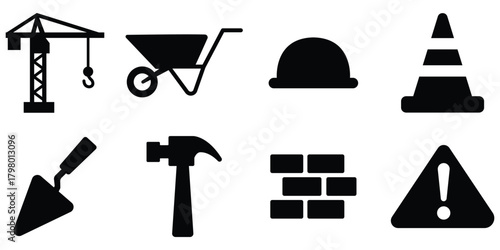 Construction tool silhouette set, Builder equipment icon pack, Worksite tool and safety collection