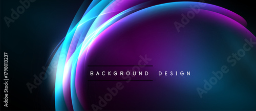 Abstract vibrant curves create luminous effect. Dark background emphasizes glowing shapes, modern design element.