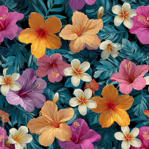 Wallpaper Mural Vibrant, dark tropical floral pattern featuring colorful hibiscus and frangipani flowers against deep teal palm leaves for a seamless design Torontodigital.ca