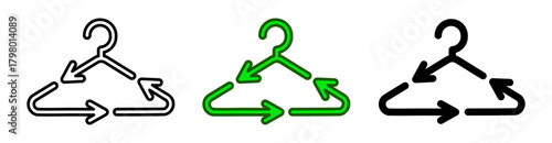 Recycling clothes icons with symbols of textile recycling, hanger, mending signs and eco friendly materials. Illustration reflects the concept of slow fashion, reuse and responsible garment care