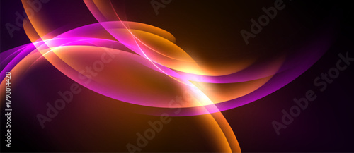 Abstract flowing shapes, vibrant colors. Orange, purple, pink hues blend seamlessly creating dynamic visual effect. Light radiates from center.
